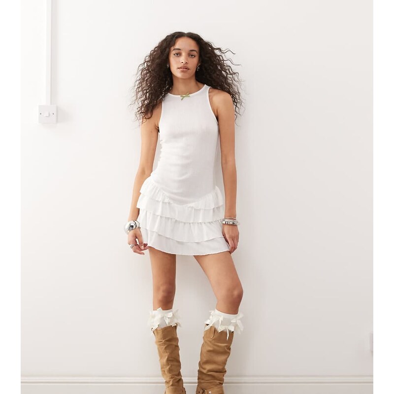 COLLUSION pointelle micro mini frill dress with contrast bow in