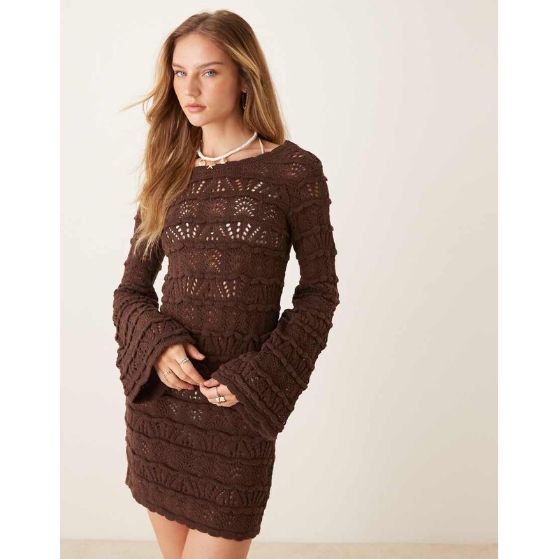 ASOS DESIGN knitted open stitch mini dress with flared sleeve in