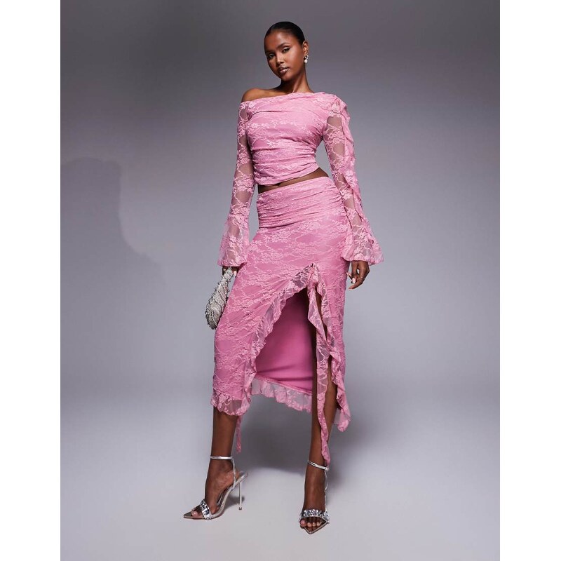 Love Triangle asymmetric ruffle lace midi skirt co-ord in dusky