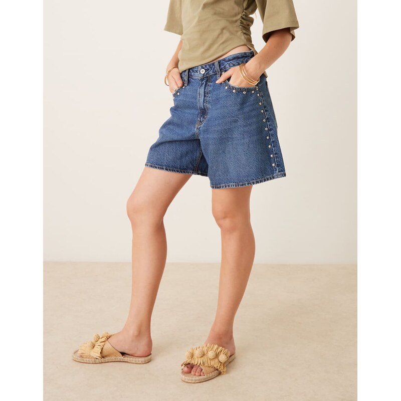 Abercrombie & Fitch curve love high rise loose denim studded shorts 106547776