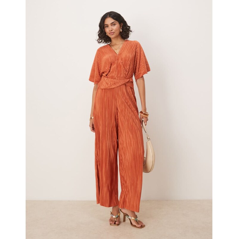 ASOS DESIGN plisse plunge short sleeve wrap waist jumpsuit in rust 112345740