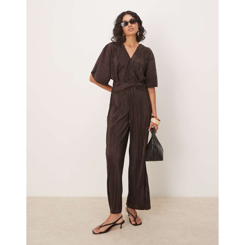 ASOS DESIGN plisse plunge short sleeve wrap waist jumpsuit in