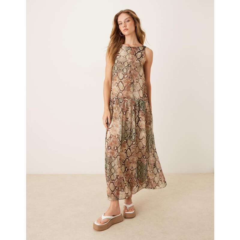 ASOS DESIGN drop waist chiffon maxi dress in snake print-Multi