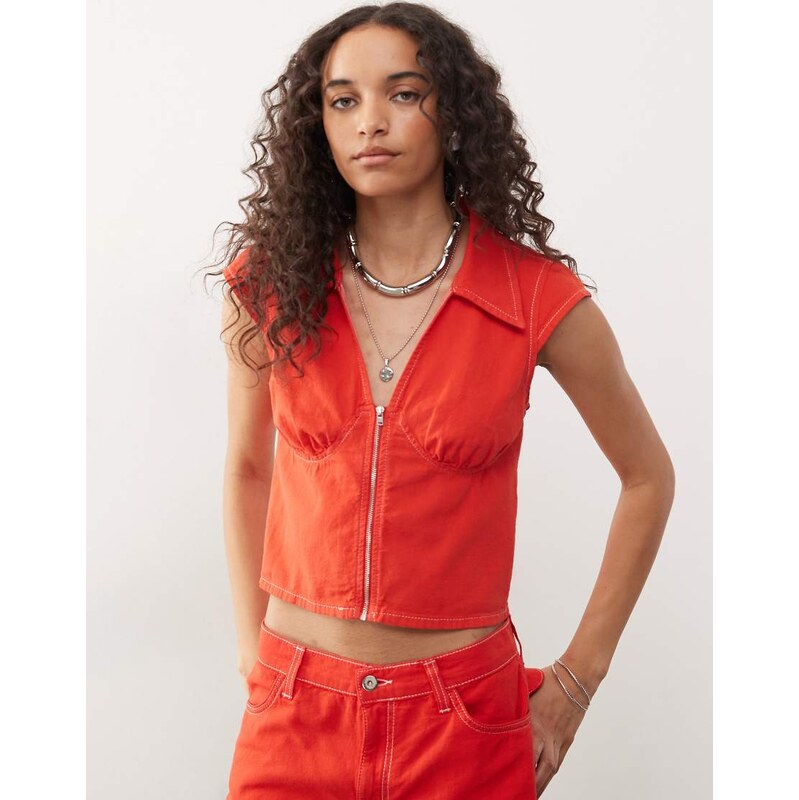 COLLUSION linen look fitted shirt co-ord in red 106547880