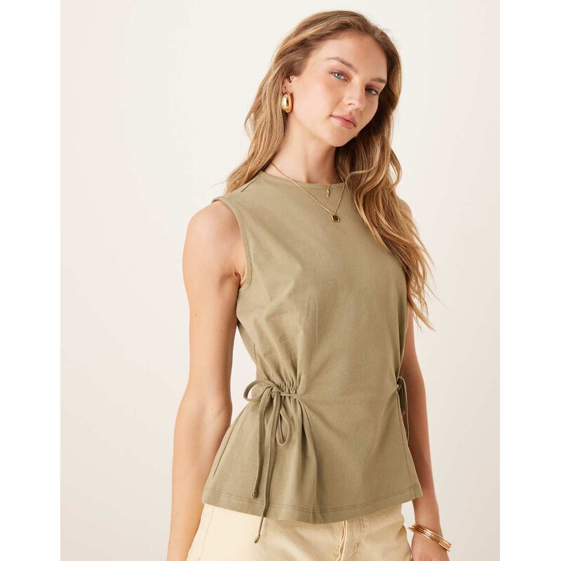 ASOS DESIGN sleeveless cinched tee in olive-Green