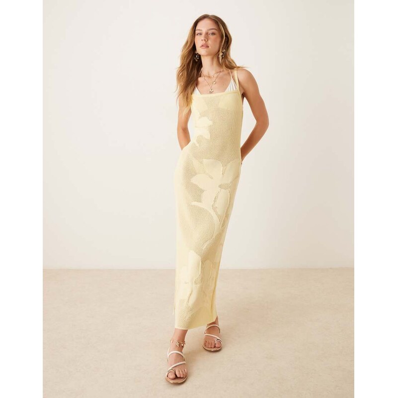 ASOS DESIGN lace floral knitted maxi dress in buttermilk-Yellow