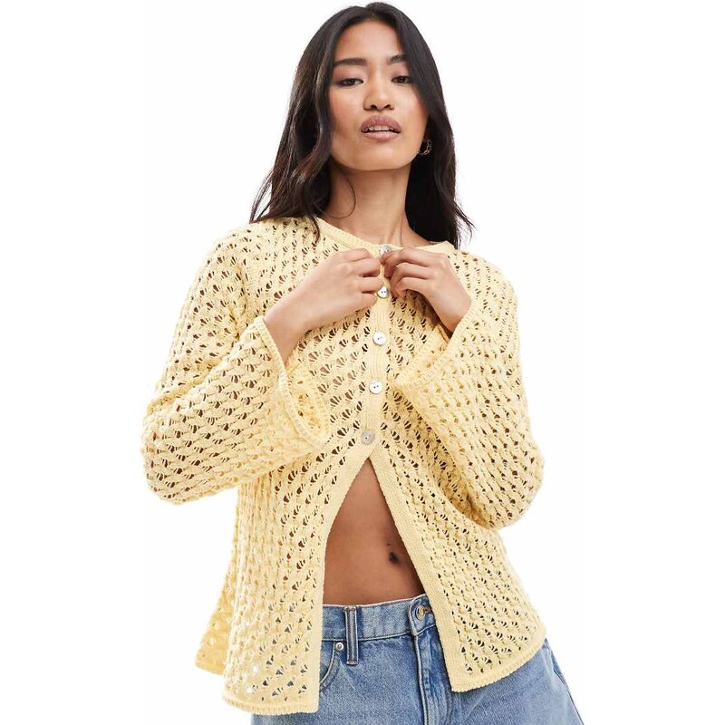 ASOS DESIGN slash neck open crochet knit cardigan in buttermilk-Yellow 106547922