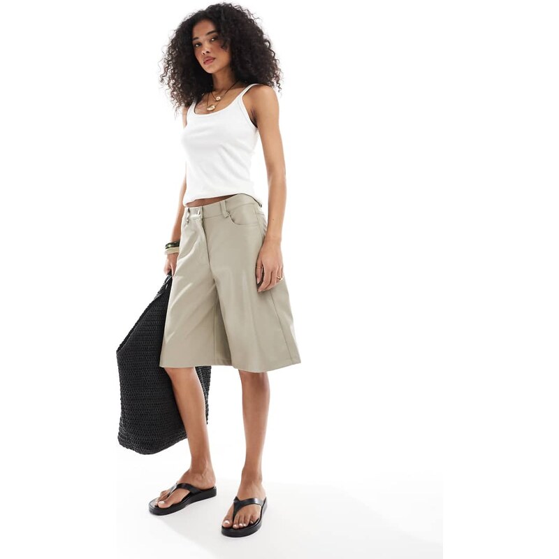 ASOS DESIGN faux leather longline shorts in stone-Neutral