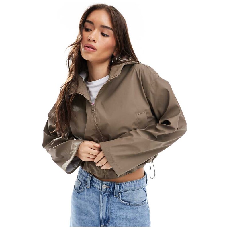 ASOS DESIGN cropped rubberised rain jacket with hood in mushroom-Brown 106549570