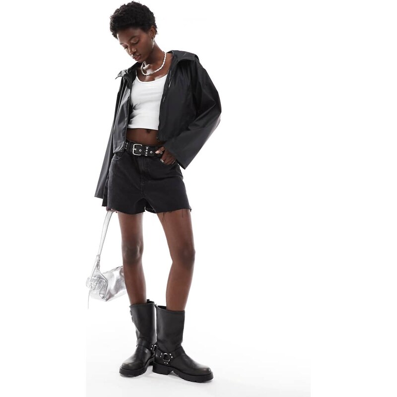 ASOS DESIGN croppped rubberised rain jacket with hood in black 115512730