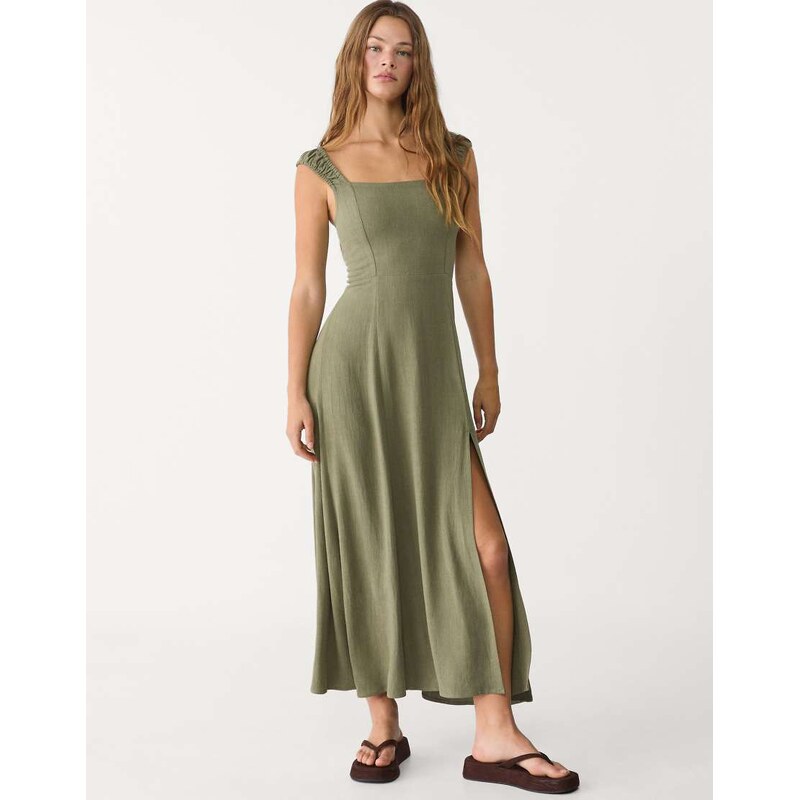 Stradivarius maxi dress with crossed back with linen in khaki-Green 106549596