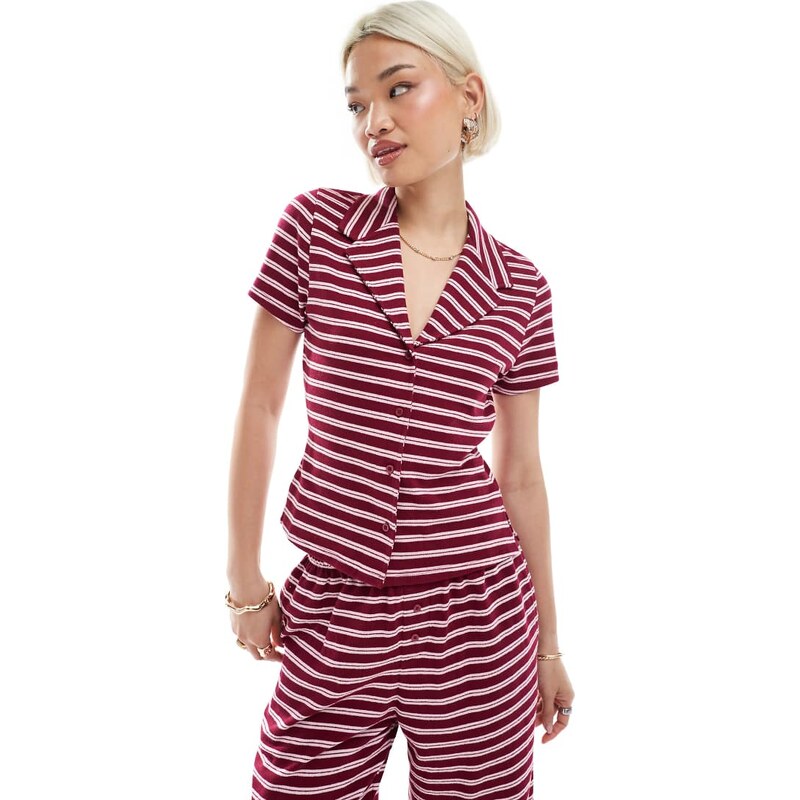 ASOS DESIGN shrunken revere shirt co-ord in textured burgundy stripe-Pink