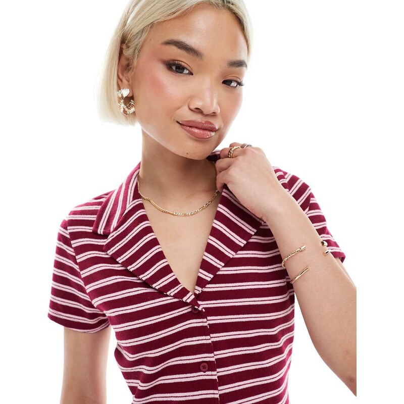 ASOS DESIGN shrunken revere shirt co-ord in textured burgundy stripe-Pink