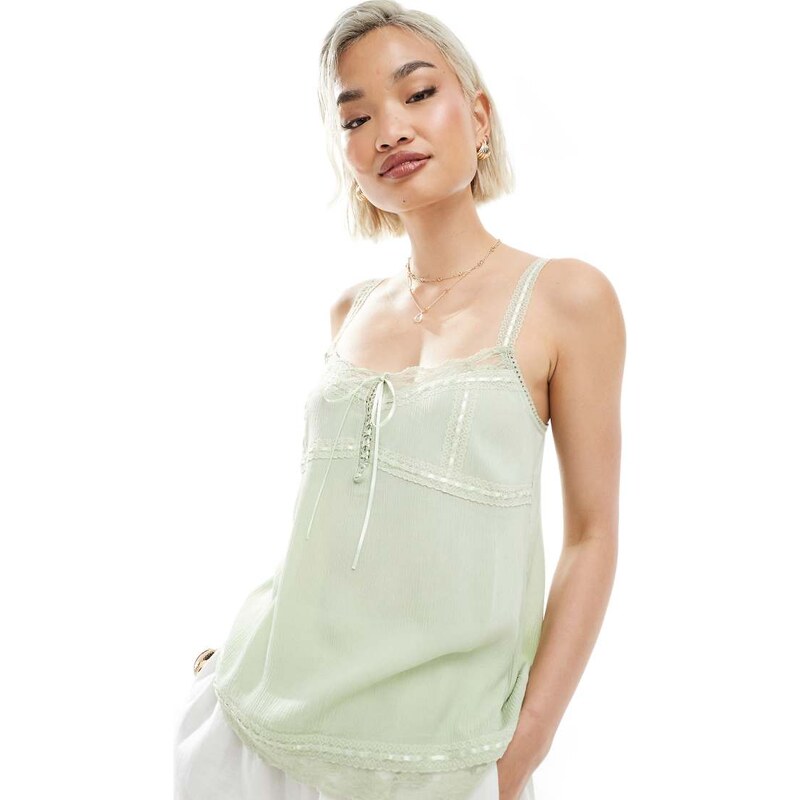 Miss Selfridge lace trim cheesecloth cami top Sage-Pink 106820853
