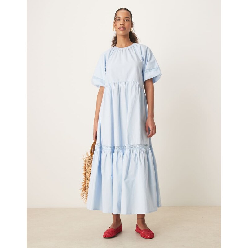 ASOS DESIGN crew neck prairie maxi dress with puff sleeve and