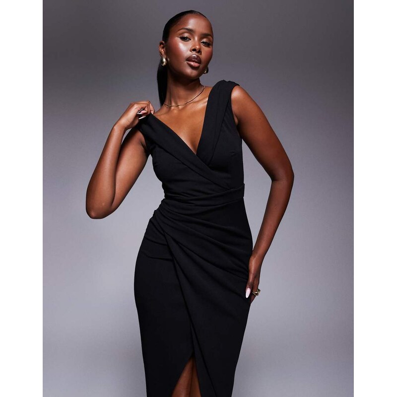 TFNC wrap detail bardot midaxi dress in black 106553381