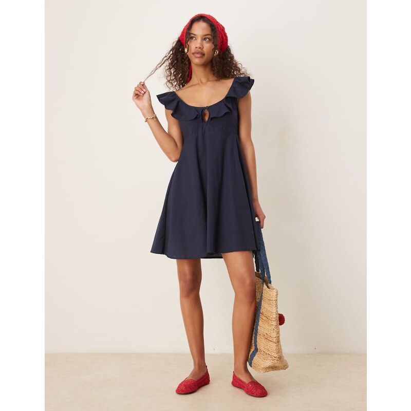 Esmee Exclusive shirred beach mini dress with frill straps and bow 115512667