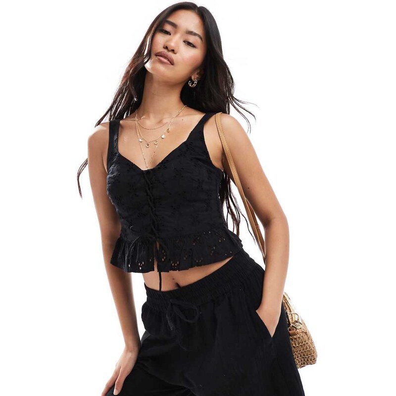 New Look lace up broderie cami top in black