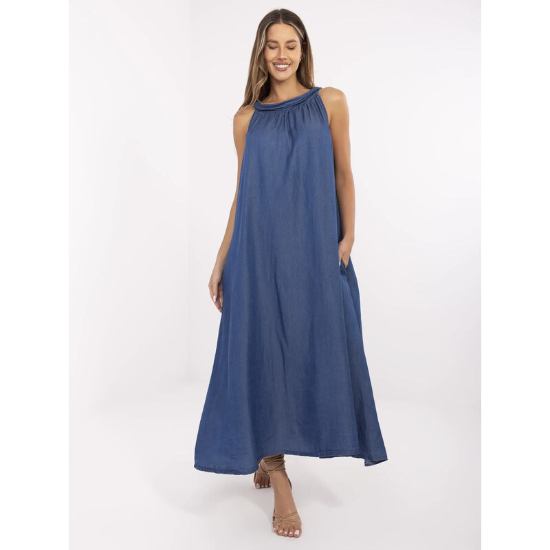 ITALY MODA Denimové dámské šaty áčkového střihu -dark blue Denim
