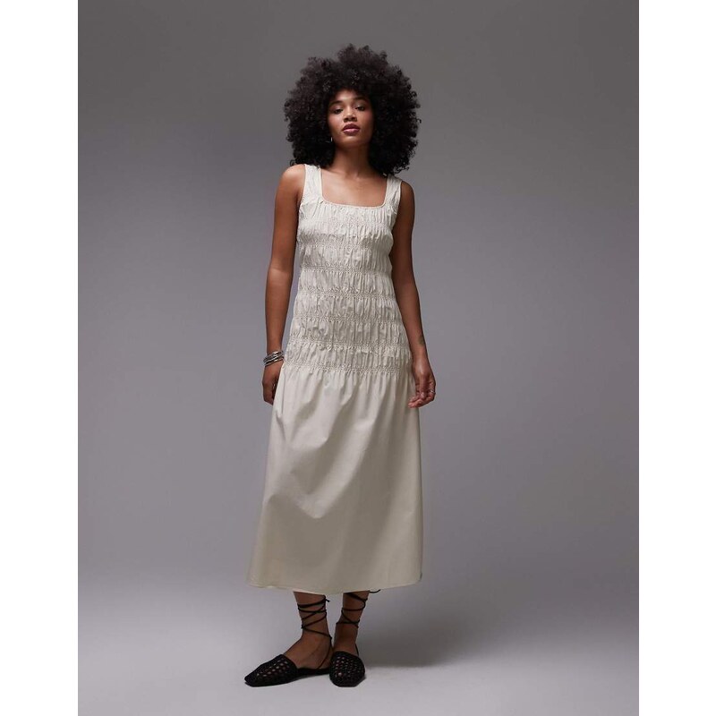ARKET cotton rich midi dress with smocked bodice and drop waist