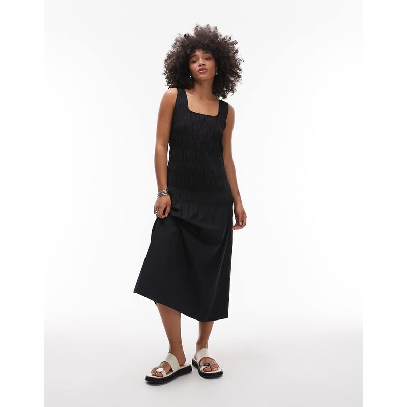 ARKET cotton rich midi dress with smocked bodice and drop waist in 114257581