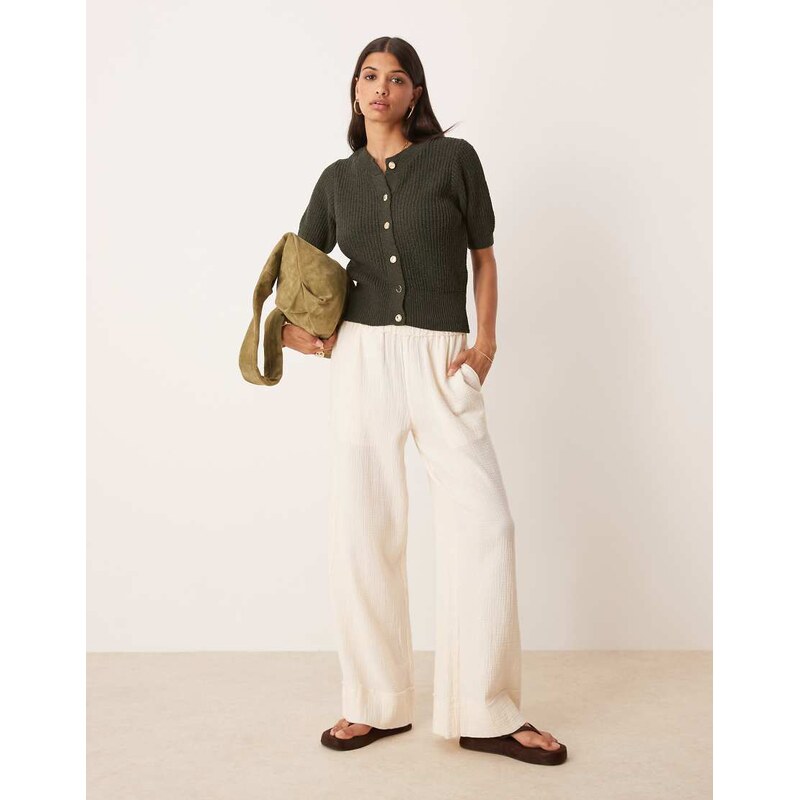 ASOS DESIGN textured short sleeve cardigan with gold buttons in khaki 106872199