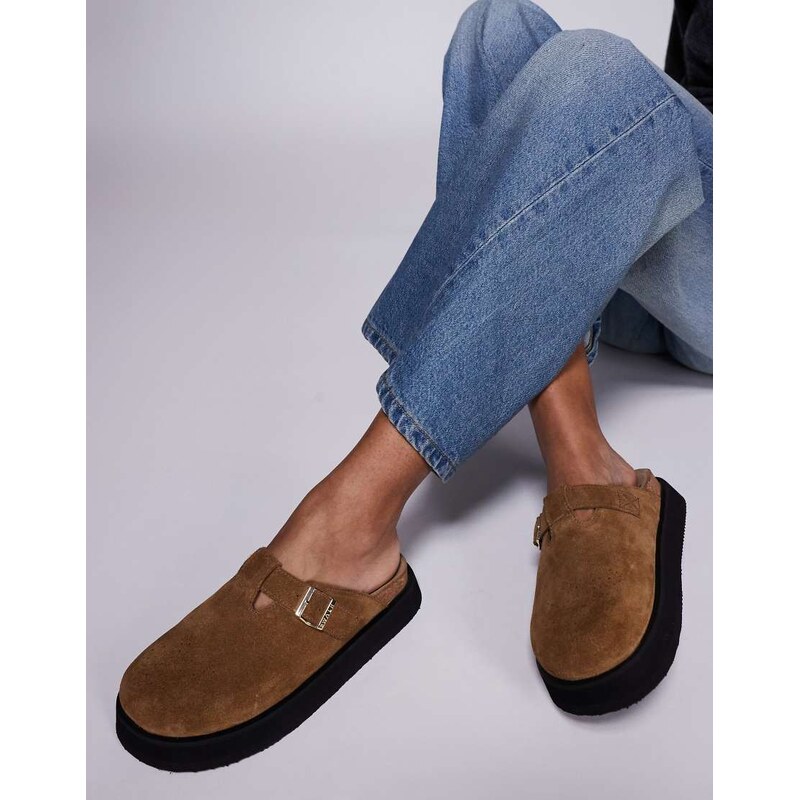 Walk London Barca buckle clog in tan suede-Brown 106915540