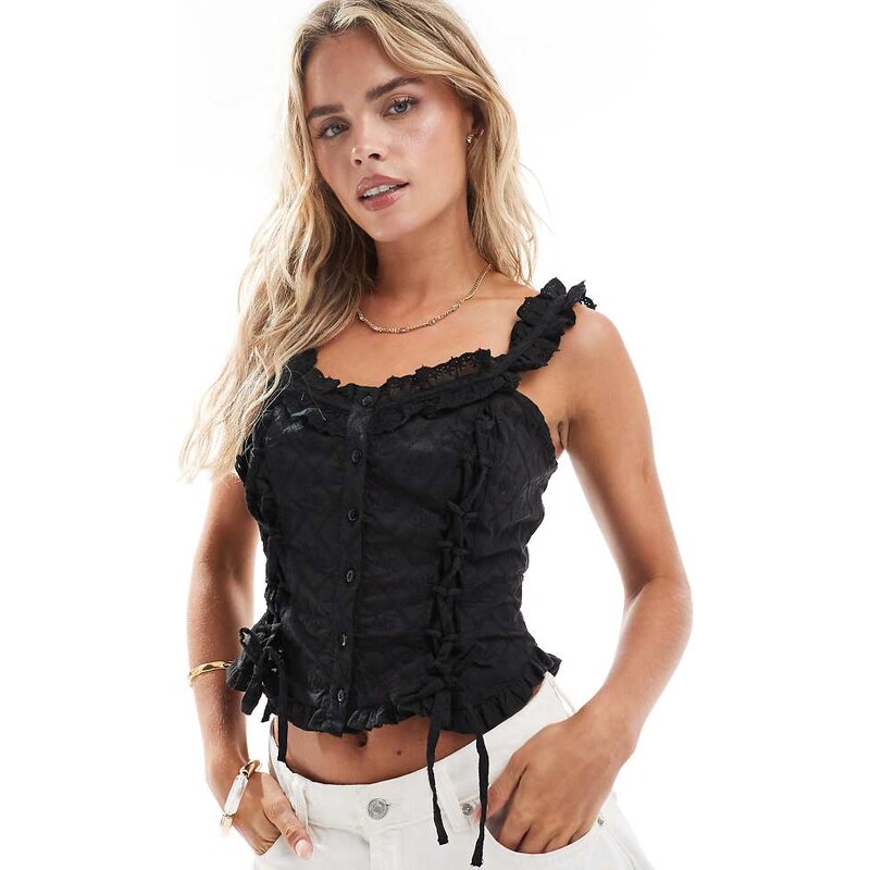 Miss Selfridge Petite cotton broderie corset top in black 107154383