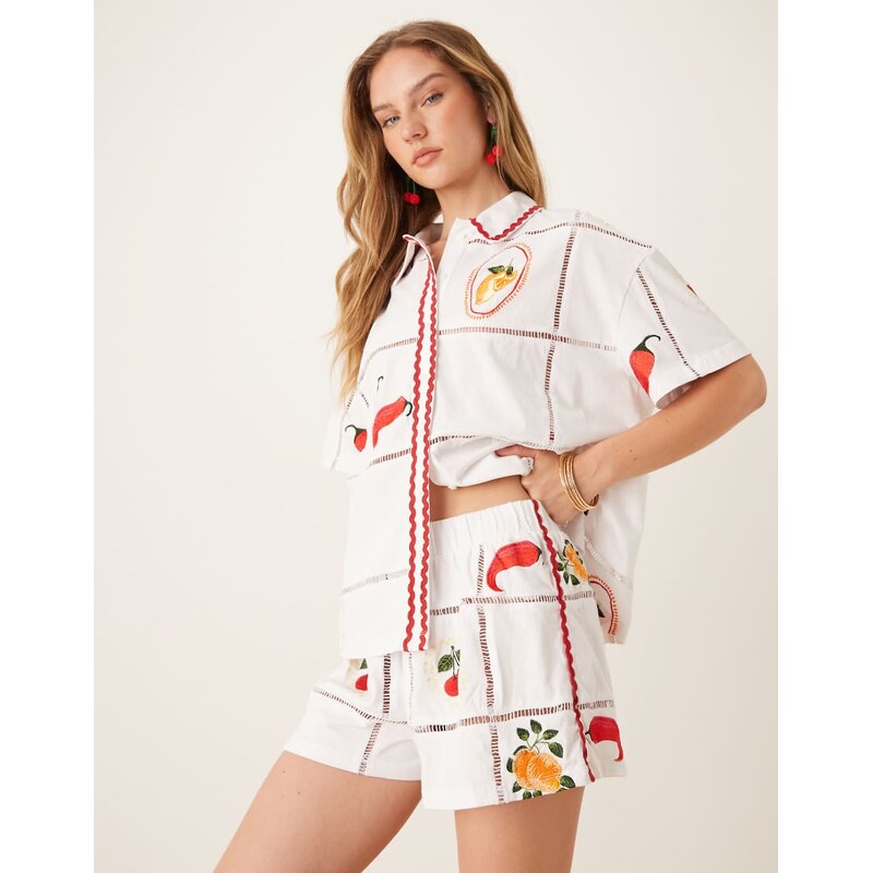ASOS DESIGN ricrac short co-ord with summer embroidery in white 106870994