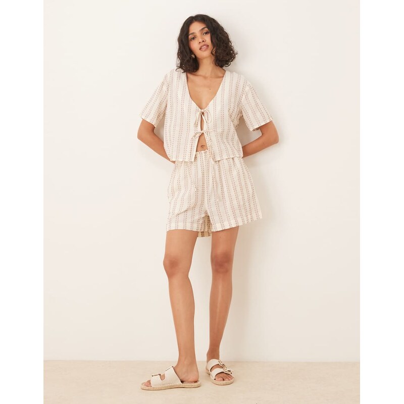 ASOS DESIGN shirred waist stripe shorts co-ord in off white 106852803