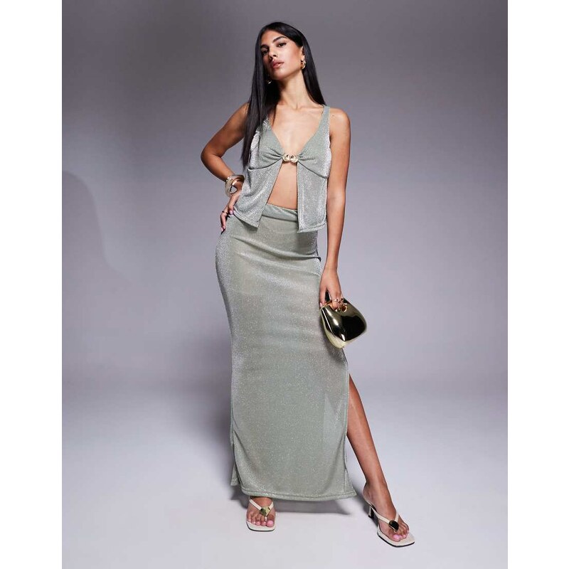 Missyempire shimmer slinky side split maxi skirt co-ord in khaki-Green 106915666