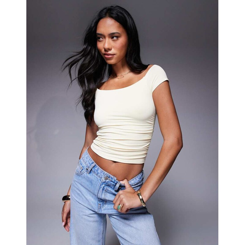 ASOS DESIGN polyamide off shoulder ruched top in buttermilk