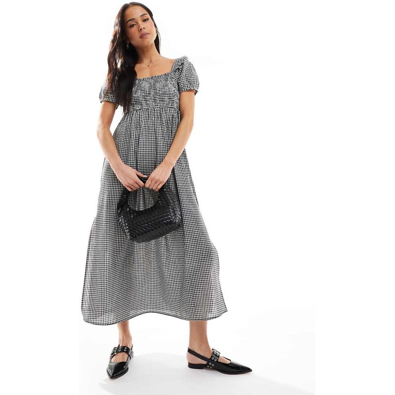 Wednesdays Girl puff sleeve gingham midaxi dress in black 106603934