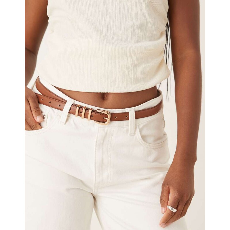 ASOS DESIGN waist and hip skinny multi keeper belt in tan-Brown 115711474