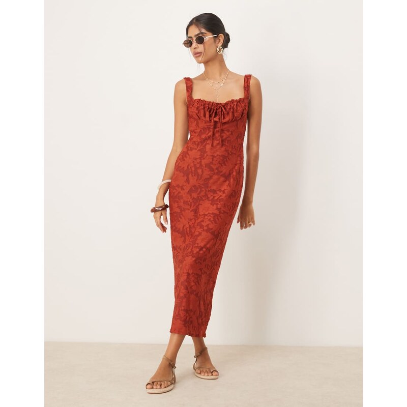 ASOS DESIGN ruched bust corset detail midi dress in rust burnout