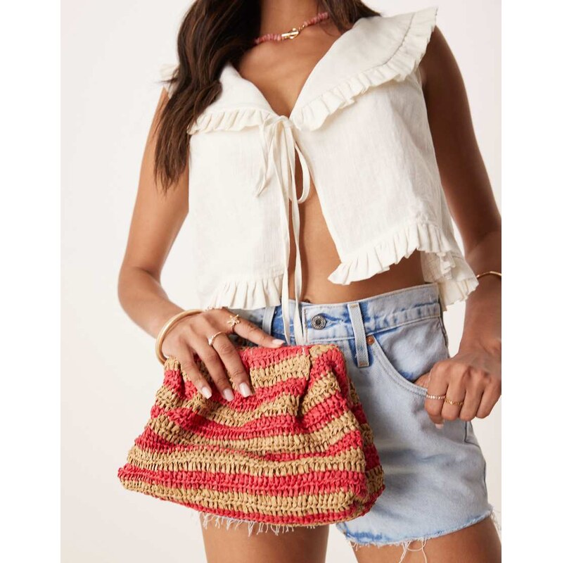 ASOS DESIGN straw crochet striped grab clutch in red and natural-Multi 106568280