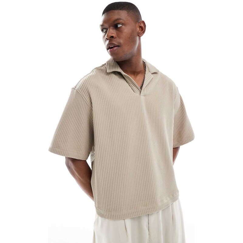 ASOS DESIGN boxy oversized overhead plisse shirt in beige