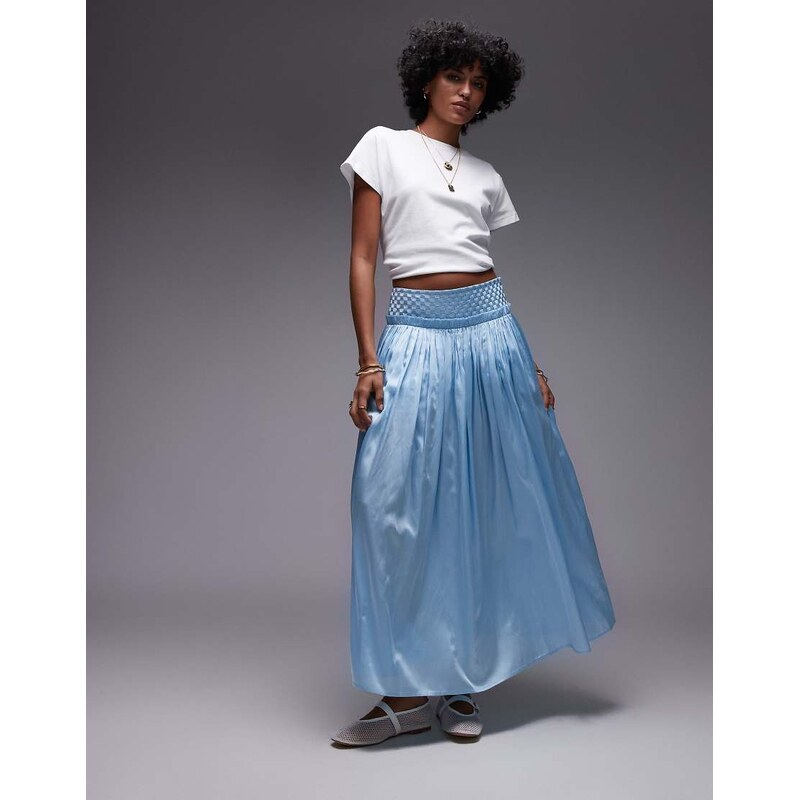 Topshop crinkle full skirt with sheen in pale blue