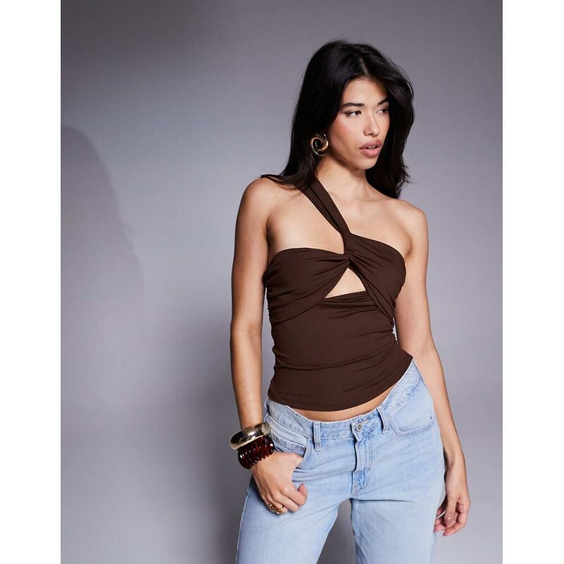 ASOS DESIGN polyamide cross over halter top in chocolate-Brown