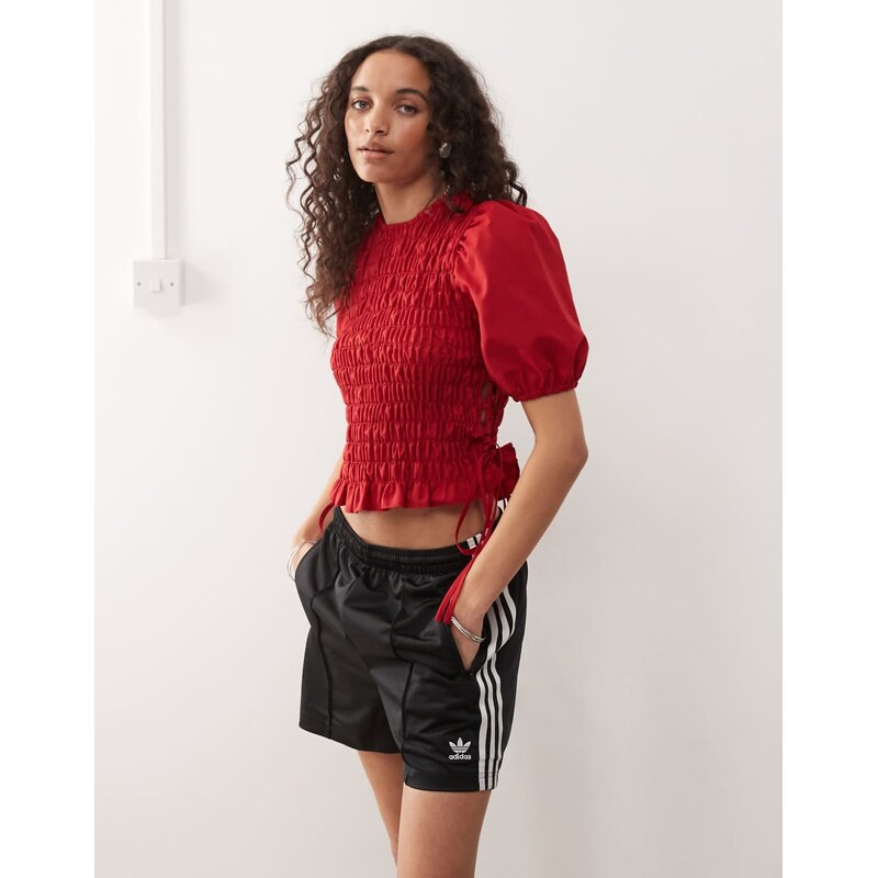COLLUSION shirred top with lace up detail at side in red