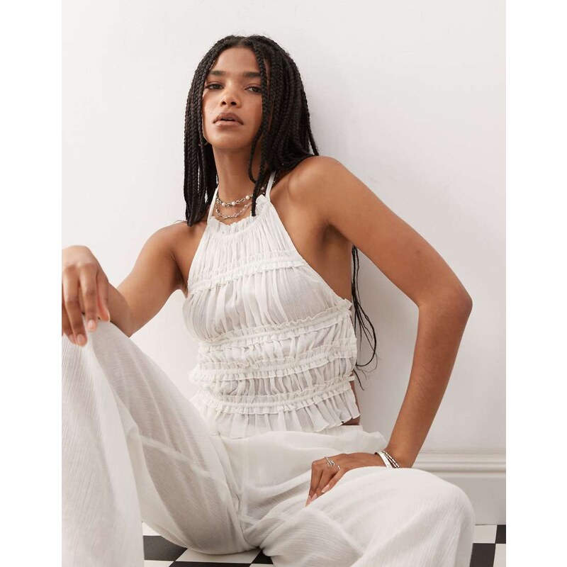 COLLUSION textured halter neck backless top co-ord in ecru-White