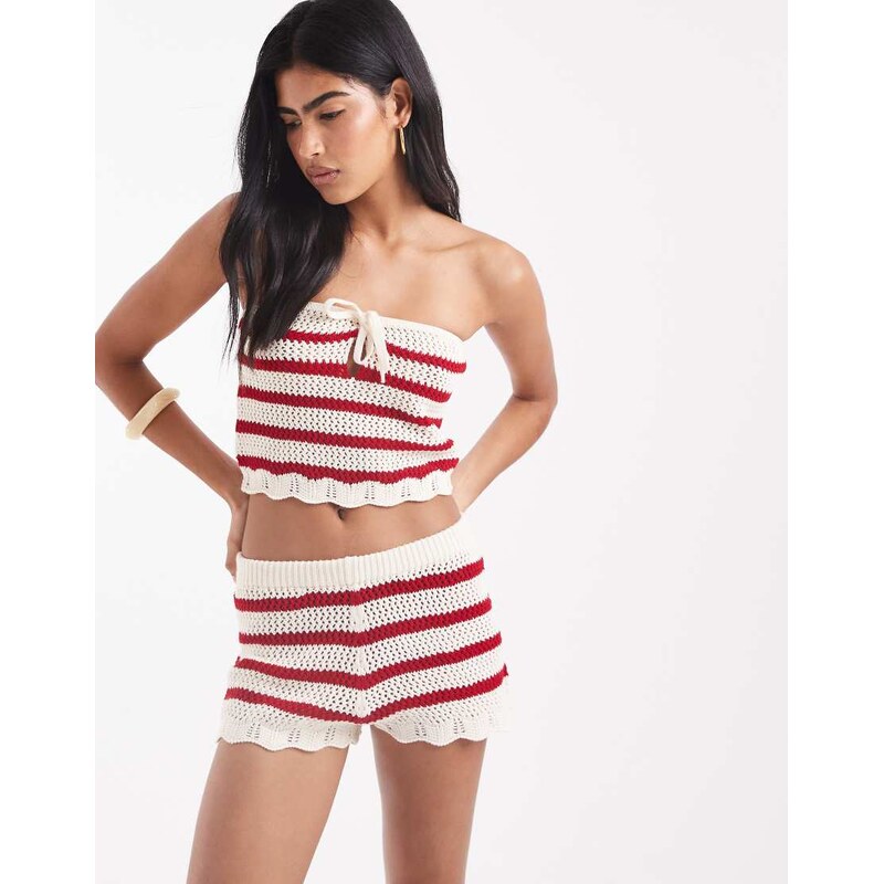 Miss Selfridge knitted stripe crochet booty shorts co ord in red 106568370