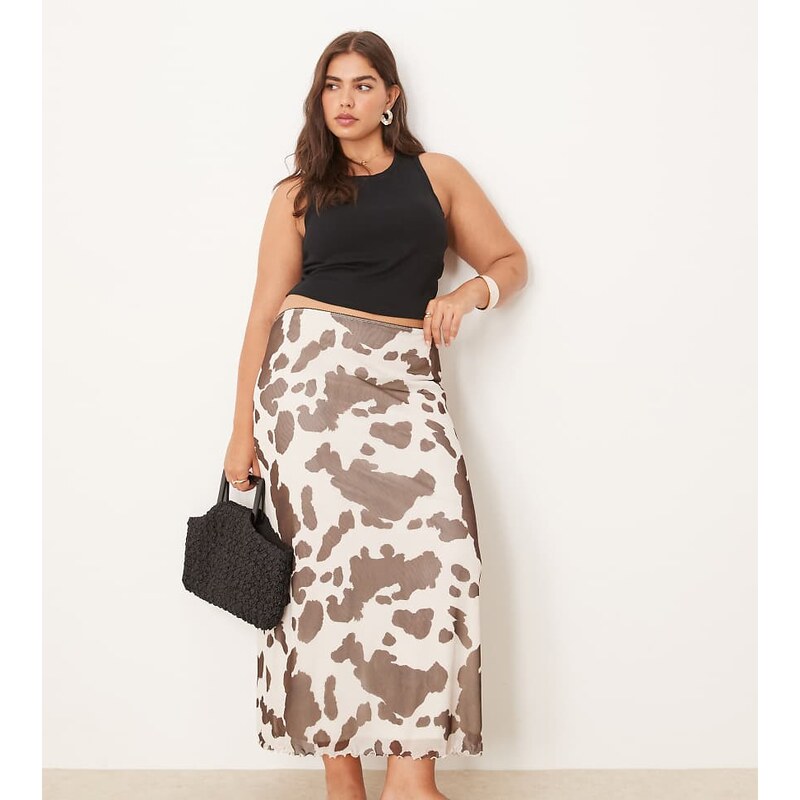 ASOS Curve ASOS DESIGN Curve mesh midi skirt in cow print-Multi