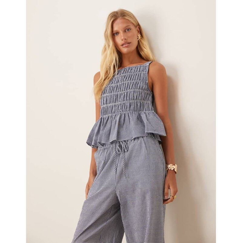 AWARE shirred seersucker peplum top co-ord in blue check