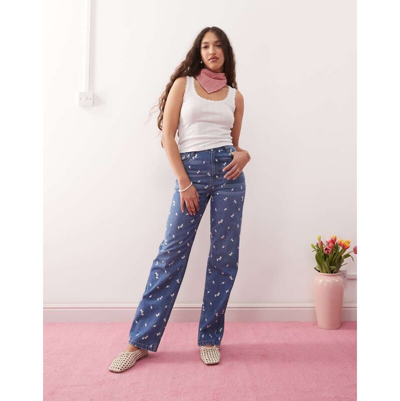 Miss Selfridge all over summer ditsy embroidered jean in blue wash 113357662