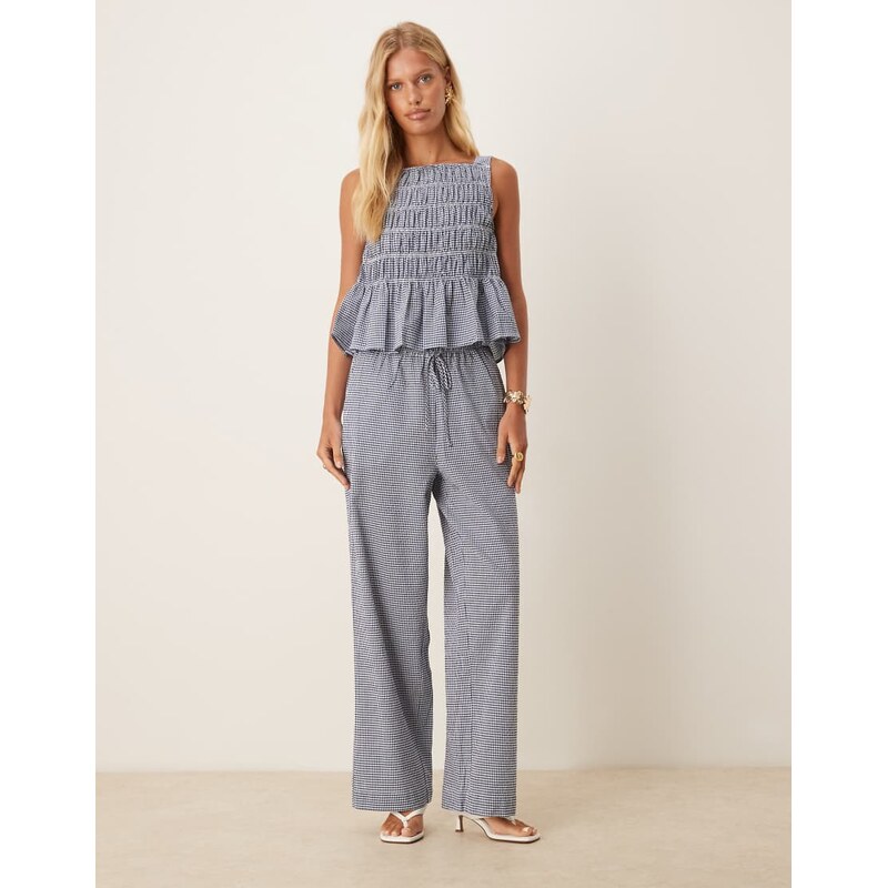 AWARE seersucker relaxed trouser co-ord in blue check 106568484