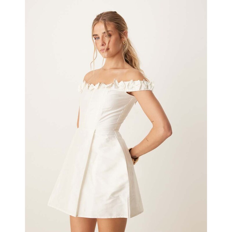 Lace & Beads mini dress with bow detail in ivory-White