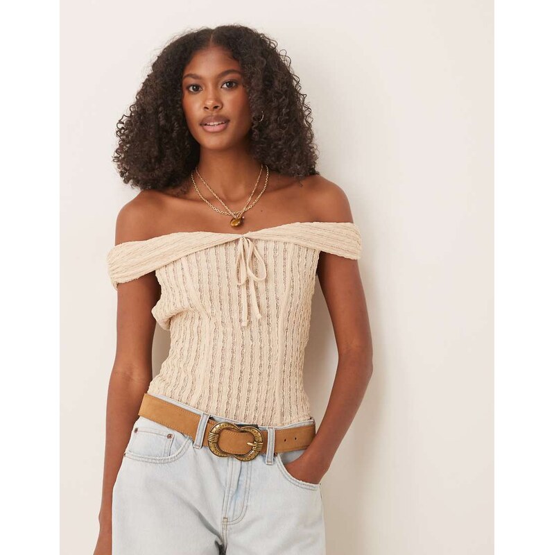 ASOS DESIGN textured bardot top with tie detail in stone-Neutral