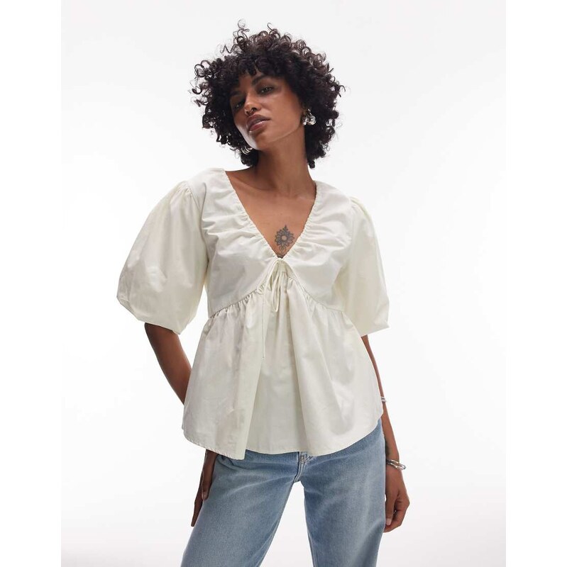 Topshop poplin puff sleeve top in-White 108310171