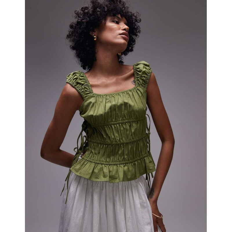 Topshop ruched tiered tie side top in green 106584989